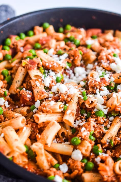 Rigatoni Ground Chicken And Peas Skillet - Easy 30 Minute Dinner Ground Chicken And Gnocchi, Ground Chicken And Peas, Chicken Pasta And Peas, Pasta With Ground Beef And Peas, Chicken Pasta Peas Recipes, Chicken And Peas, Rigatoni Pasta Recipes, Chicken Rigatoni, Healthy Skillet Meals