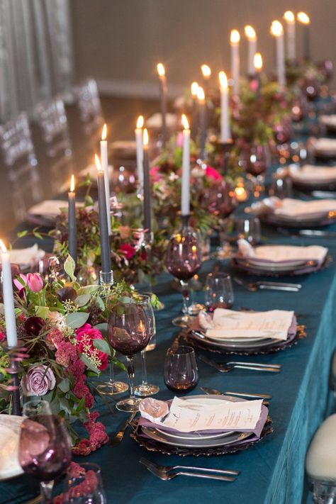 Jewel tone tablescape    #weddings #weddingideas #aislesociety #engaged #bridetobe #weddinginspiration #jeweltones Jewel Tone Wedding Tablescape, Jewel Tone Christmas Tablescape, Moody Jewel Tone Wedding Table Settings, Jewel Tone Tablescape, Jewel Tone Reception Table Settings, Jewel Colour Wedding Table Settings, Jewel Tone Place Setting, Gem Tone Wedding, Jewel Tone Glassware Wedding