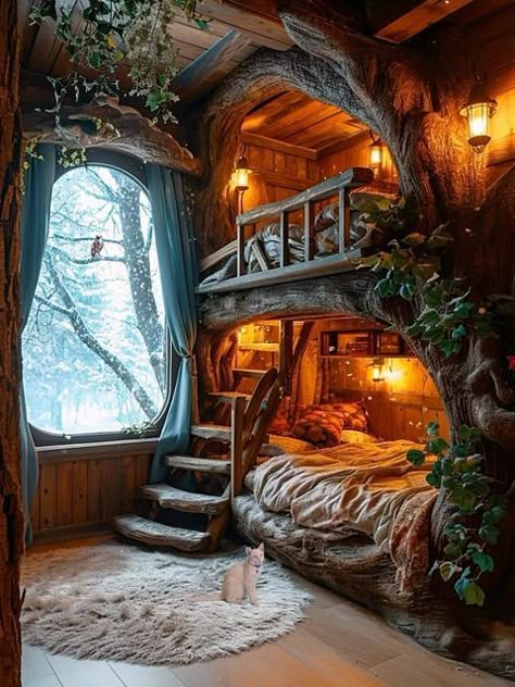 Tree House Bed, Log Home Interiors, Earthship Home, Fantasy Rooms, Hobbit House, Tiny Space, Unique Lifestyle, Fantasy House, House Bed