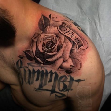 Roses With Banner Tattoo, Roses With Names Tattoos, Banner Tattoo, Roses Tattoo, Now Booking, 1 Tattoo, Black Ink Tattoos, Name Tattoo, Name Tattoos