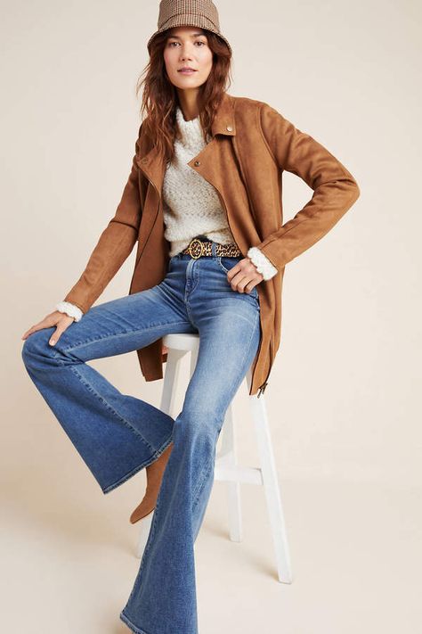 Anthropologie Ripley Sueded Longline Moto Jacket, #Anthropologie, commission link Longline Jacket Outfit, Suede Moto Jacket Outfit, White Sweater Women, Suede Jacket Outfit, Moto Jacket Outfit, Suede Outfit, Longline Jacket, Peplum Blazer, Western Jacket