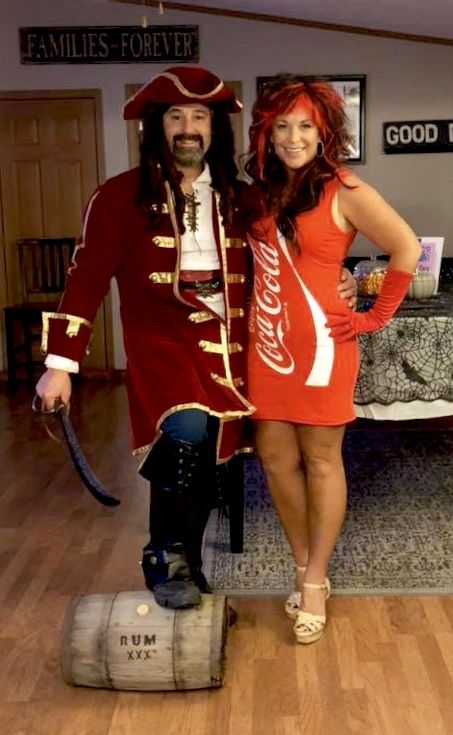 Captain Morgan and Coke costume Captain Morgan Halloween Costume, Captain And Coke Costume, Captain Morgan Costume, Coke Costume, It's The Great Pumpkin, Couples Costume, The Great Pumpkin, Captain Morgan, Costumes Couples