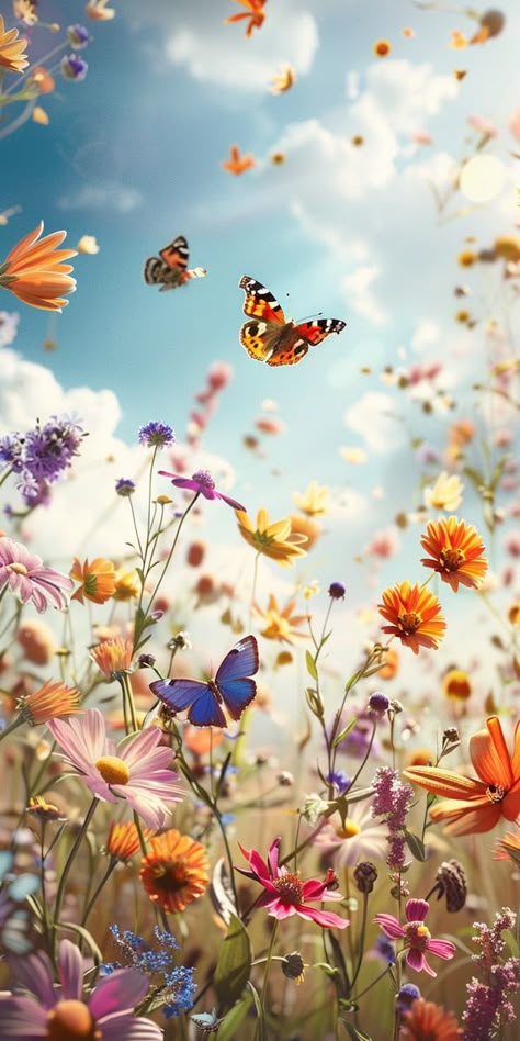 Adorn your mobile with the breathtaking beauty of ‘Floral Symphony.’ This highly detailed, photo-realistic wallpaper captures a vibrant field of colorful flowers under a sunny sky, with butterflies fluttering amidst the blooms. The vintage colors pop against a vintage blue background, all in sharp focus to enhance the intricate details. Ideal for those who love nature and appreciate the artistry of hyper-realistic photography. #FloralWallpaper #iPhoneWallpaper #ButterflyBackground Vintage Blue Background, Realistic Wallpaper, Realistic Photography, Summer Wallpapers, Sunny Sky, Soft Things, Cute Summer Wallpapers, Butterfly Background, Happy Birthday Frame