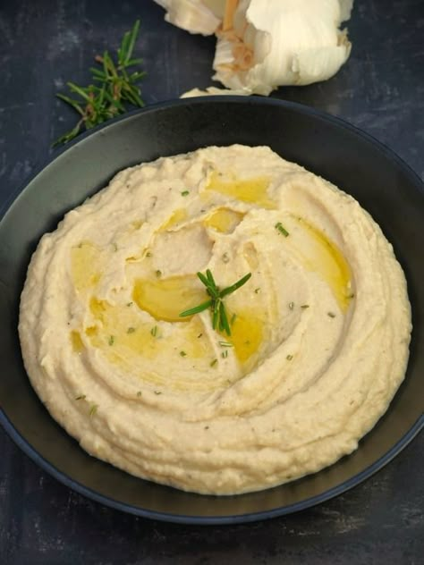 White Bean Puree with Rosemary & Garlic Healthy Hummus Recipe, Bean Puree, White Bean Puree, Juicy Pork Tenderloin, Healthy Hummus, Parsnip Puree, Pork Meatballs, Rosemary Garlic, Savoury Baking