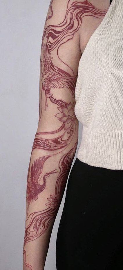 Japanese Plants Tattoo, Cool Asian Tattoos, Red Ink Asian Tattoo, Elegance Tattoo For Women, Chinese Sleeve Tattoo For Women, Japanese Tattoo Women Sleeve, Flowy Tattoo Sleeve, Japanese Black And Red Tattoo, Red Tattoo Abstract