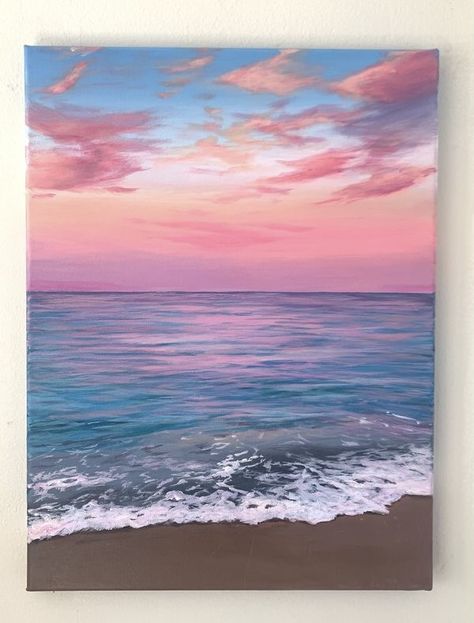 Ocean Clouds Painting, Pink Beach Sunset Painting, Pink Sunset Painting, Animal Illustration Art, Sunset Ocean, Summer Painting, Canvas Painting Designs, Landscape Art Painting, Cute Paintings