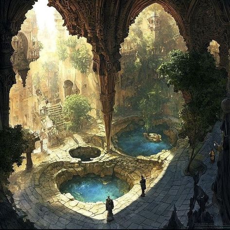 Fantasy Landscape Kingdom, Dnd Concept Art Scenery, Fantasy Spring Landscape, Fantasy Buildings Concept Art, Fantasy World Clothes, Worldbuilding Landscape, Fantasy Scene Inspiration, Training Grounds Fantasy Art, Fantasy Forest Kingdom