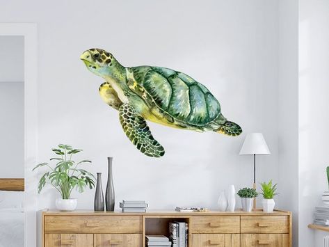 Turtle Wall Sticker - Full Color Tortoiseshell Wall Mural - Nautical Decal - Sea Animal Wall Art - T Family Tree Wall Sticker, Watercolor Turtle, Modern Decals, Turtle Wall Decor, Pirate Room, Marine Decor, Sea Nursery, Turtle Decor, Woodland Nursery Decor