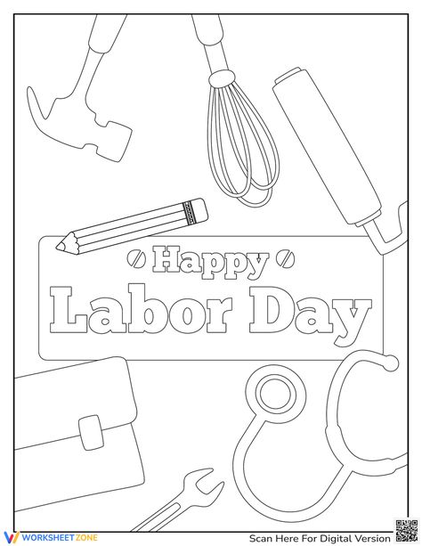 This "Happy Labor Day" worksheet features a coloring page with various tools representing different professions, perfect for celebrating Labor Day and honoring workers with a creative activity for kids. Check it out! #laborday #coloring #crafts #coloringpages #color #workers #tools #worksheets #printable #celebrations #paper Labor Day Toddler Crafts, Labor Day School Activities, Labor Day Activities For Kids, Labor Day Sunday School Lesson, Labor Day Homeschool Activities, Labor Day Crafts For Kids, Labor Day Worksheets For Kids, Labor Day Children's Church Lesson, Two Year Old Crafts