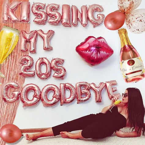 PRICES MAY VARY. Our Kissing my 20's goodbye Balloon is the perfect way to celebrate your 30th Birthday and adds to your birthday party decor. Kissing my 20's goodbye is the ultimate way to celebrate your milestone! You will get : 1 x 30 inch lip balloon, 20 x rose gold latex balloons, 1 x “ Kissing My 20s Goodbye” 1 x rose gold rain curtain, 1 x champagne balloon, 1 x bottle balloon. You can inflate them yourself with air and a straw. The balloons are not made to float with helium Note: the pac Kissing 30s Goodbye, February 30th Birthday, Kissing My 40s Goodbye Party Ideas, 30 Th Birthday Party Ideas For Women Decoration, 30 Birthday Decoration Ideas, Themes For 30th Birthday Party For Women, Thirty And Thriving 30th Birthday, 30th Birthday Backyard, 30s Theme Birthday Party