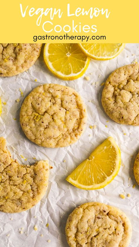 Vegan lemon cookies arranged on parchment paper. Vegan Lemon Cookies, Easy Vegan Cookies, Best Vegan Desserts, Vegan Cookies Recipes, Healthy Plant Based Recipes, Vegan Kids, Egg Free Recipes, Shortbread Recipes, Vegan Eggs