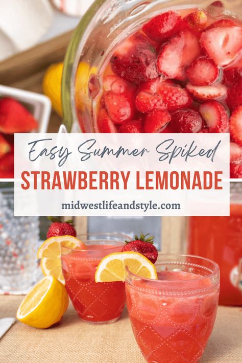 The perfect summer sip for a hot and sunny day, mix up a batch of refreshing spiked strawberry lemonade in just 5 minutes. Pioneer Woman Spiked Strawberry Jalapeño Lemonade, Strawberry Lemonade Drink Alcohol, Strawberry Lemonade Recipe With Country Time, Strawberry Lemonade Mixed Drink, Olive Garden Spiked Strawberry Lemonade, Tito’s Strawberry Lemonade, Spiked Strawberry Lemonade Recipe, Summer Mixed Drinks Alcohol Big Batch, Strawberry Lemonade Vodka Recipe