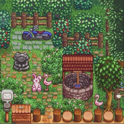 Stardew Farm Layout Hilltop, Stardew Valley Outdoor Seating, Stardew Valley Furnace Area, Stardew Valley Indoor Design, Stardew Valley Inspiration Farm, Stardew Valley Warp Totem, Stardew Valley Sebastian Motorcycle, Stardew Quality Sprinkler Layout, Stardew Valley Golden Clock Design