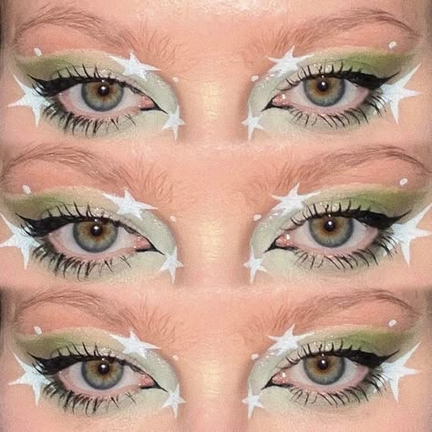 Dark Green Aesthetic Makeup, Quirky Eye Makeup, Pastel Green Makeup Looks, Alien Eyeliner, Alien Inspired Makeup, Beetle Makeup, Alien Eye Makeup, Funky Eyeshadow, Green Eyeliner Looks