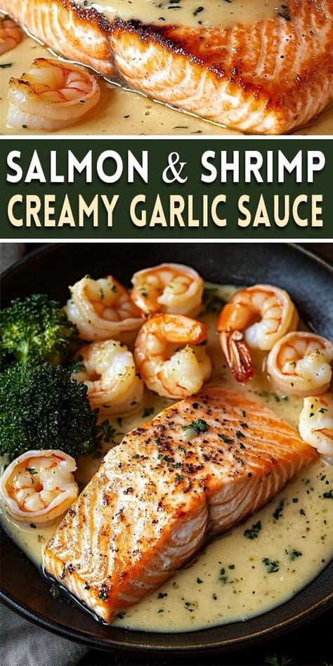 🐟 Salmon and Shrimp cooked in a garlic butter sauce is the perfect meal for seafood lovers! This quick and easy recipe is loaded with flavor and works great for dinner or meal prep. Serve it with rice, pasta, or steamed veggies for a complete meal. 💡 Pin this recipe and enjoy a seafood feast tonight! #SalmonAndShrimp #SeafoodDinner #GarlicButterSauce #EasyRecipes #HealthyDinner 🍤🍋 Salmon Parmesan Cream Sauce, Salmon And Shrimp Recipes Healthy, Salmon And Shrimp With Cajun Cream Sauce, Shrimp And Rice Dinner Recipes, Sauce For Fish And Rice, Salmon And Chicken Recipes, Meal Prep Ideas With Salmon, Salmon With Shrimp Recipes, Easy Seafood Dishes