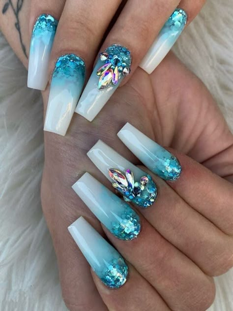 chunky glitter accent long nails Turquoise Nail Polish, Turquoise Nail Designs, Teal Nail Designs, Blue Ombre Nails, Blue Glitter Nails, Aqua Nails, Teal Nails, Turquoise Nails, Sassy Nails