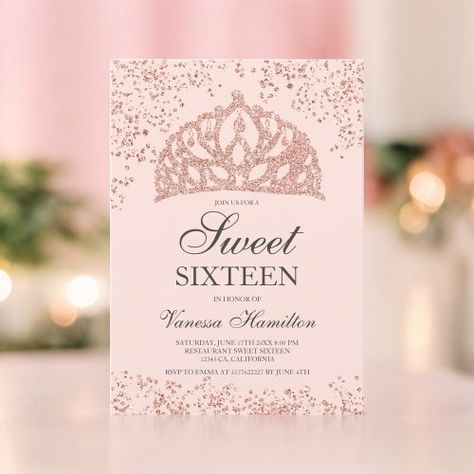 $1.90 | Rose gold glitter photo blush crown tiara Sweet 16 #modern typography, luxurious calligraphy, glam sparkles, rose gold glitter confetti, princess tiara crown, pastel blush pink, sweet 16, sweet sixteen, 16th birthday, add your photo Typography Invitation, Sweet Sixteen Birthday Invitations, Pink Sweet 16, Chic Invitation, Gold Glitter Confetti, Rose Gold Invitations, Quinceanera Decorations, Calligraphy Typography, Photo Birthday Invitations