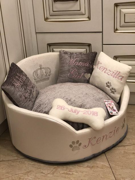 Luxury dog bed in grey and cream Faux leather cream pet bed | Etsy Cute Puppy Beds, Luxury Pet Accessories, Girl Dog Beds, Puppy Gear, Luxury Dog Accessories, Royal Dog, Dog Room Decor, Luxury Dog Bed, Dog Bedroom