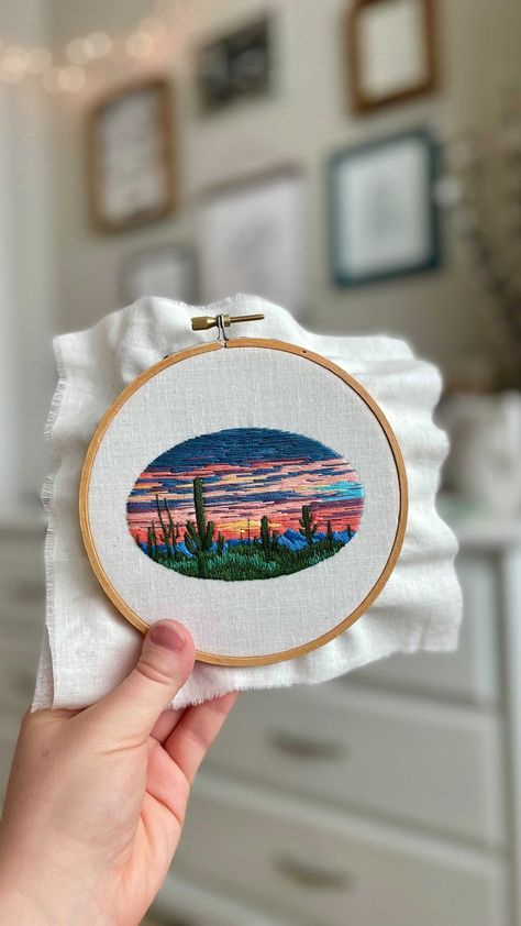 thosewhodreamco on Instagram: This embroidered sunrise was part of a custom order from a gal at church! I’d never done anything like this before so I felt super nervous… Sunrise Embroidery, Desert Embroidery, Arizona Sunrise, Embroidered Apparel, Needlecraft Patterns, Embroidery Hoop Art Diy, Felt Yarn, Hand Sewing Projects, Patterns Embroidery