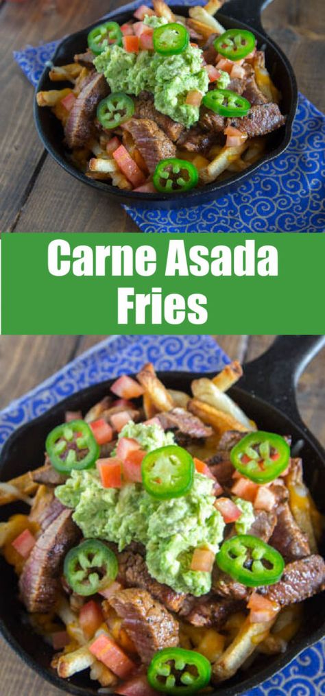 Carne Asada Fries - french fries topped with Carne Asada, melted cheese, and guacamole! A dinner that will please even your pickiest eater! Carne Asada Fries Recipe, Carne Asada Fries, Asada Tacos, Tapas Recipes, Baked Dinner, Tailgating Recipes, Easy Appetizers, Street Tacos, Fries Recipe