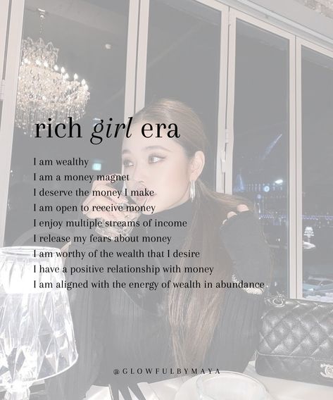 rich girl affirmations • affirmations for the wealthiest era of your life #abundance #lawofassumption #manifestation #dreamlife • glowfulbymaya Life Changing Affirmations, Affirmations For Abundance, Girl Affirmations, Abundance Mindset, Multiple Streams Of Income, Money Magnet, I Am Worthy, Income Streams, I Deserve