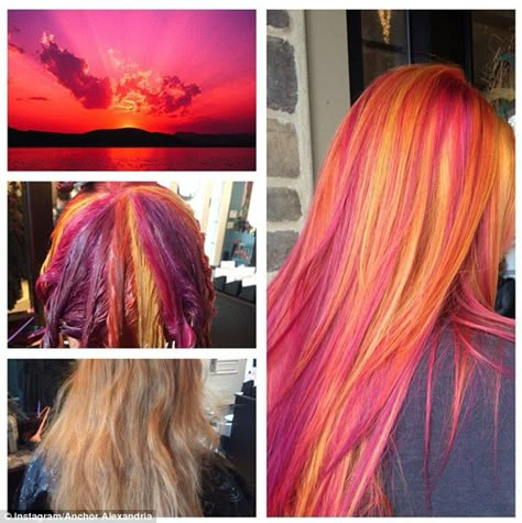 Social phenomenon: At present, there are over 10,000 snaps with the hashtag #sunsethair on Instagram, and it's a figure that just keeps growing Pinwheel Hair Color, Sunset Hair, Galaxy Hair, Hair Color Techniques, Bright Hair, Funky Hairstyles, Color Techniques, Hair Color Blue, Colorful Hair