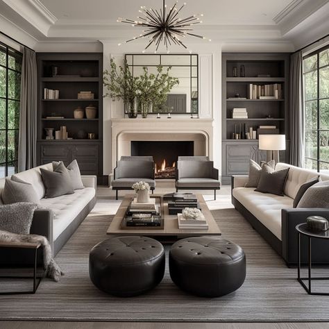 Neutral Living Room With Black Accents Farmhouse, Modern Classic Interiors, Sophia Patterson Interiors, Informal Living Room Ideas, Chair In Front Of Fireplace, Nyc Townhouse Interior, Modern Traditional Living Room Ideas, New Classic Living Room, New Classic Interior Design