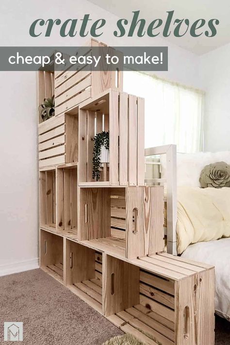 Are you living in a tiny apartment or house and need extra storage? Build your own DIY wood crate shelves for just $100! #DIY #wallstorage #woodcrate #crates #shelves Wooden Crate Bookshelf, Wood Crate Shelves, Crate Wall, Diy Wood Crate, Diy Wooden Crate, Koti Diy, Crate Bookshelf, Diy Crate, Crate Shelves