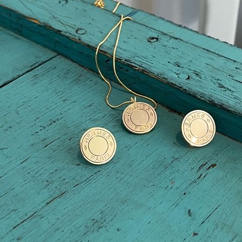 Vintage Hermès button earrings and necklace Hermes Jewelry, Vintage Hermes, Earrings And Necklace, Button Earrings, Vintage Buttons, Alex And Ani Charm Bracelet, Charm Bracelet, Fashion Trends, Closet