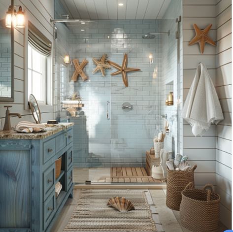 Boho Beach House Exterior, Seashell Decor Ideas, Rustic Beach Bathroom, Beach Bathroom Ideas, Beach Cottage Bathroom, White Modern Kitchen Ideas, Beach Theme Bathroom Decor, Boho Beach House, Hamptons Style Homes