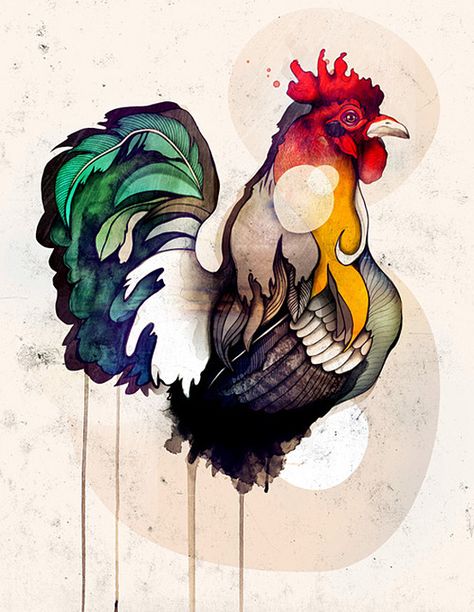 The number of color treatments in this is so cool....someday, world! Someday! Rooster Tattoo, Year Of The Rooster, Rooster Art, Chickens And Roosters, Chicken Art, The Rooster, Animals In Art, Art Et Illustration, Birds Of A Feather