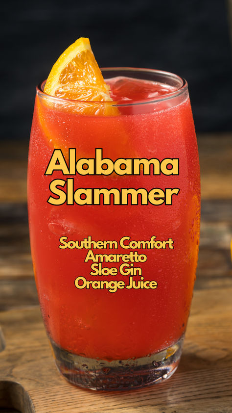 Alabama Slammer Southern Cocktails, Alcoholic Drinks Gin, Sloe Gin Cocktails, Southern Drinks, Alabama Slammer, Southern Cocktail, Orange Juice Cocktails, Alcoholic Punch Recipes, Most Popular Cocktails