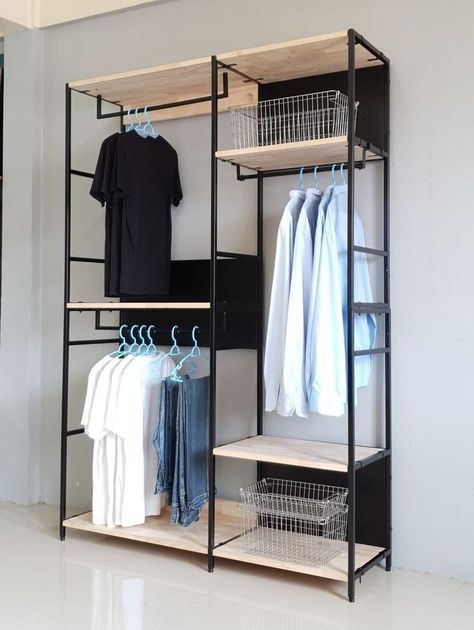 Inspiration Dressing, Clothing Rack Bedroom, Mens Room Decor, Mens Bedroom Decor, Store Shelves Design, Steel Furniture Design, Welded Furniture, Closet Shoe Storage, Clothing Store Design