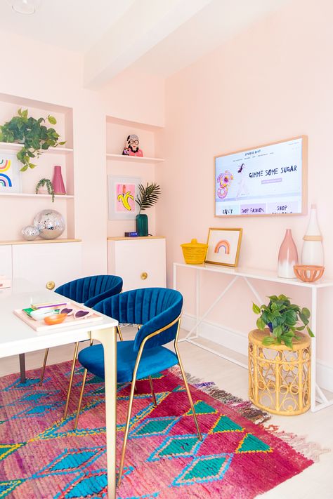 Vintage Maximalist Decor, Colorful Office, Slanted Walls, Blue Desk, Studio Diy, Decor 2024, Office Colors, Maximalist Decor, Workspace Inspiration