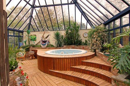 Love this.. though obviously if we had it it would not be in a massive greenhouse!! Garden Sunroom, Whirlpool Deck, Jacuzzi Room, Indoor Jacuzzi, Indoor Hot Tub, Hot Tub Room, Outdoor Hot Tub, Hot Tub Deck, Greenhouse Plans