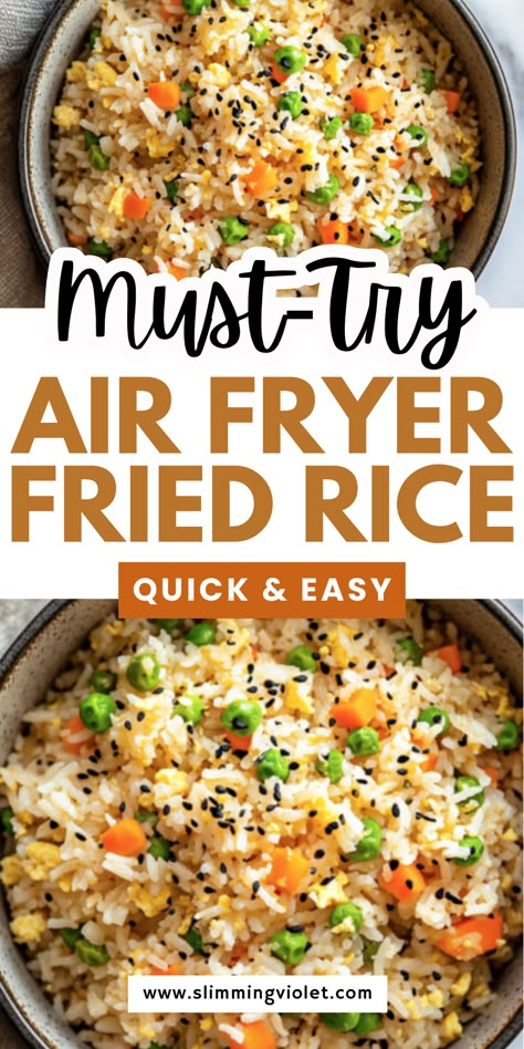 Want takeout but need something healthier? This air fryer fried rice is quick, easy, and packed with flavor. Save it for a fast, homemade alternative to your favorite takeout dish! How To Cook Rice In Air Fryer, Air Fryer Shrimp Fried Rice, Cooking Rice In Air Fryer, Chicken And Rice Air Fryer Recipes, Air Fryer Recipes Dairy Free, Air Fryer Basics, Healthy Family Meals Air Fryer, Quick Easy Fried Rice, Air Fryer Salad