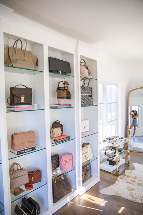 Master Closet Purse Display, Luxury Purse Display Closet, Bags Closet Organization, Designer Bag Display Closet, Designer Purse Display, Purse Cabinet Display, Closet Organization Purses, Bedroom Purse Display, Purse Shelves Display On Wall