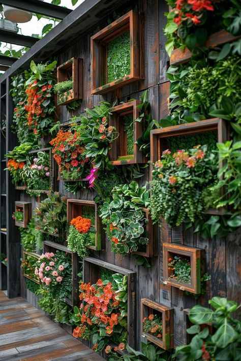 Outdoor Living Plant Wall, Small Gardens On A Budget, Diy Living Wall Outdoor, Outdoor Greenery Wall, Outdoor Business Ideas, Small Space Patio Ideas, Wall Backyard Ideas, Balcony Landscape Design, Outdoor Wall Design Ideas