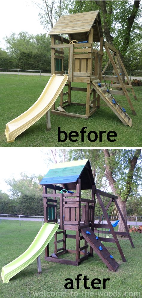 Playground makeover before and after transformation! This playset was rotting and neglected, I redid the whole thing and now it looks like new! Wooden Playset Makeover, Play Set Ideas, Diy Playground Backyard, Playground Remodel, Home Playground Ideas, Playground Ideas Backyard, Playground Backyard Landscaping, Playground Makeover, Playset Makeover