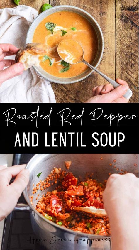 In this roasted red pepper and lentil soup, peppers are roasted and blended along with spices and nutritious red lentils. This is an easy soup that’s perfect to make ahead of time for the days you don’t feel like cooking. In the autumn, peppers are still in season. You’ve either got them turning red in the garden or they’re nice and cheap at the grocery store. Vegetarian Lentil Soup, Red Pepper Soup, Red Lentils, Lentil Soup Recipes, Dinner Meal Prep, Red Lentil Soup, Turning Red, Easy Soup, Roasted Red Pepper