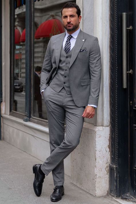 Business Professional Outfits Men Suits, Grey Men’s Suit, Men Grey Suit, Tailored Gray Three-piece Suit For Office, Tailored Gray Three-piece Suit For Business, Grey Suit Black Shirt, Men Profile, Luxury Classic Gray Three-piece Suit, Elegant Gray Fitted Three-piece Suit