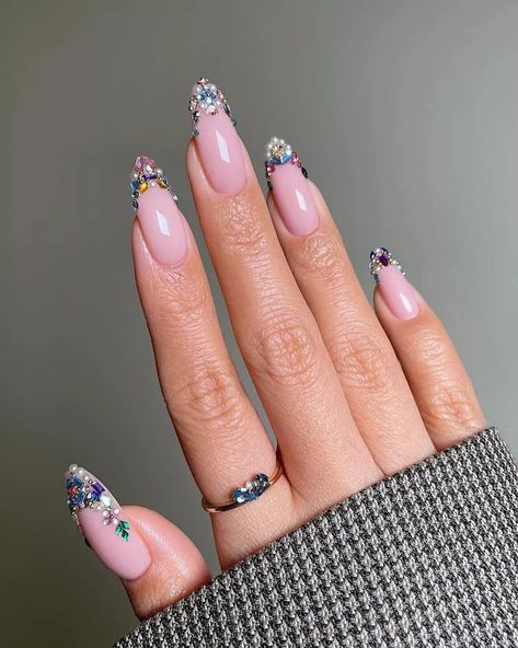 Rhinestone French Tip Nails, Different Shapes Of Nails, Rhinestone French Tip, Birthday Nail Design, Ratchet Nails, Weird Nails, Rhinestones Nails, Glitter Nails Acrylic, Acrylic Toes