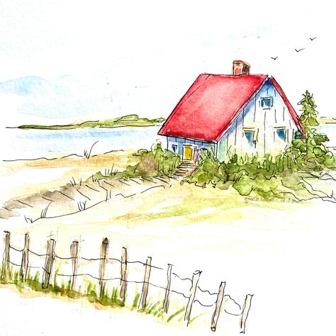 Watercolor Micron Pen, Watercolor And Micron Pen, Micron Pen Art, Micron Pen, Blue Cottage, Diy Watercolor Painting, Watercolor Red, Red Roof, Watercolor Wash