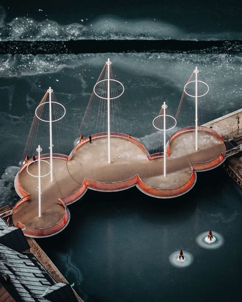 Studio Olafur Eliasson on Instagram: “‘Cirkelbroen��’ (Circle bridge), Copenhagen, 2015. Photo by @copenhagenbycosedis via Twitter, 2021. Circular platforms topped by tall masts…” Studio Olafur Eliasson, Bridge Structure, Floating Architecture, Olafur Eliasson, Architectural Engineering, Bjarke Ingels, Pedestrian Bridge, Bridge Design, Sculpture Park