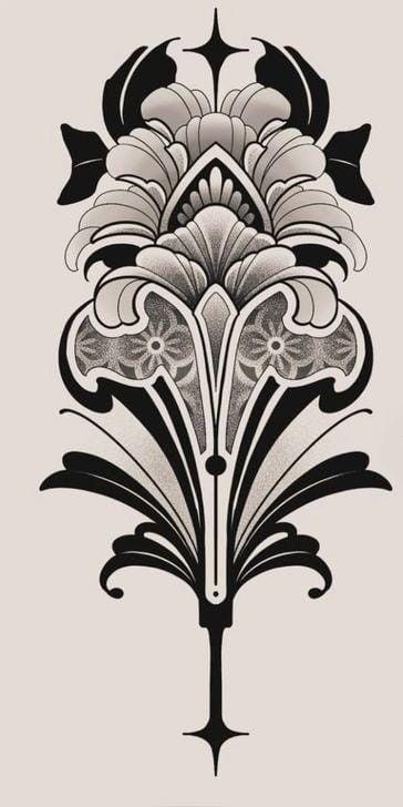 Damask Tattoo Design, Graphic Line Tattoo, Art Nouveau Hand Tattoo, Goth Art Nouveau, Floral Ornamental Tattoo Design, Art Deco Flower Tattoo, Art Noveau Tattoos Women, Neotraditional Tattoo Design Black, European Tattoos