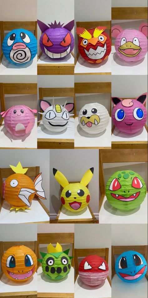 Pokemon Birthday Crafts, Pokemon Paper Lanterns, Pokemon Diy Birthday Party Decorations, Diy Pokemon Pinata, Pokemon Party Ideas Diy, Bulbasaur Party Ideas, Pokemon Lanterns Diy, Diy Pokémon Gifts, Pokemon First Birthday Party