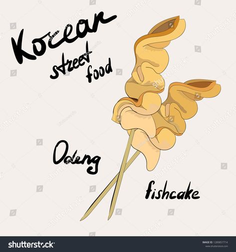 Korean street food dish odeng. Korean traditional dish eomuk. Fish cake on a stick. Vector hand drawn illustration. #Ad , #SPONSORED, #odeng#traditional#eomuk#dish Odeng Korean Street Food, Cake On A Stick, Korean Fish Cake, Food Skewers, Vietnamese Street Food, Korean Illustration, Food Logo Design Inspiration, Chilli Oil, Japanese Street Food