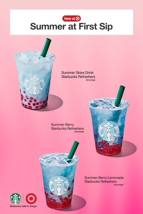 Talk about an oh-so cool treat. New Starbucks Refreshers beverages at Starbucks café are bursting with flavor. The Summer-Berry Refresher combines natural raspberry, blueberry & blackberry flavors shaken with ice and poured over a vibrant layer of fun raspberry-flavored pearls. For a bright variation, ask for yours with lemonade. Or make it creamy with the new Summer Skies Drink, hand-shaken with coconut milk. Stop by Starbucks Café. Starbucks Products, Starbucks Drink Menu, Starbucks Secret Menu Recipes, Cold Starbucks Drinks, Fun Drink Recipe, Starbucks Summer, Secret Starbucks Drinks, Summer Skies, Fall Cocktails Recipes