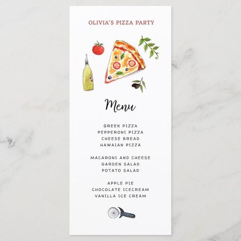 Wedding Pizza Menu Sign, Pizza Party Rehearsal Dinner Ideas, Pizza Party Menu Ideas, Pizza Party Table Setting, Pizza Party Menu, Pizza Party Rehearsal Dinner, Italian Dinner Menu, Party Menu Card, Pizza Dinner Party