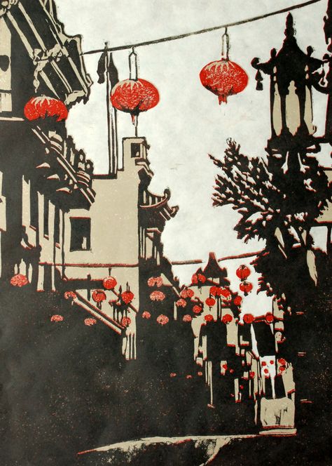 "Chinatown" linocut by Lisa VanMeter. http://www.lisavanmeter.com/ Tags: Linocut, Cut, Print, Linoleum, Lino, Carving, Block, Woodcut, Helen Elstone, Buildings, Chinese Lanterns. Red Lanterns, Relief Printmaking, Relief Printing, Woodcuts Prints, Relief Print, Wood Engraving, Lino Print, Woodblock Print, Linocut Prints